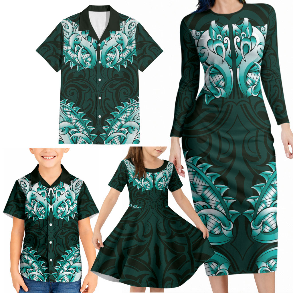 New Zealand Ta Moko Family Matching Long Sleeve Bodycon Dress and Hawaiian Shirt Aotearoa Maori Chest Tattoo Turquoise LT14 - Polynesian Pride