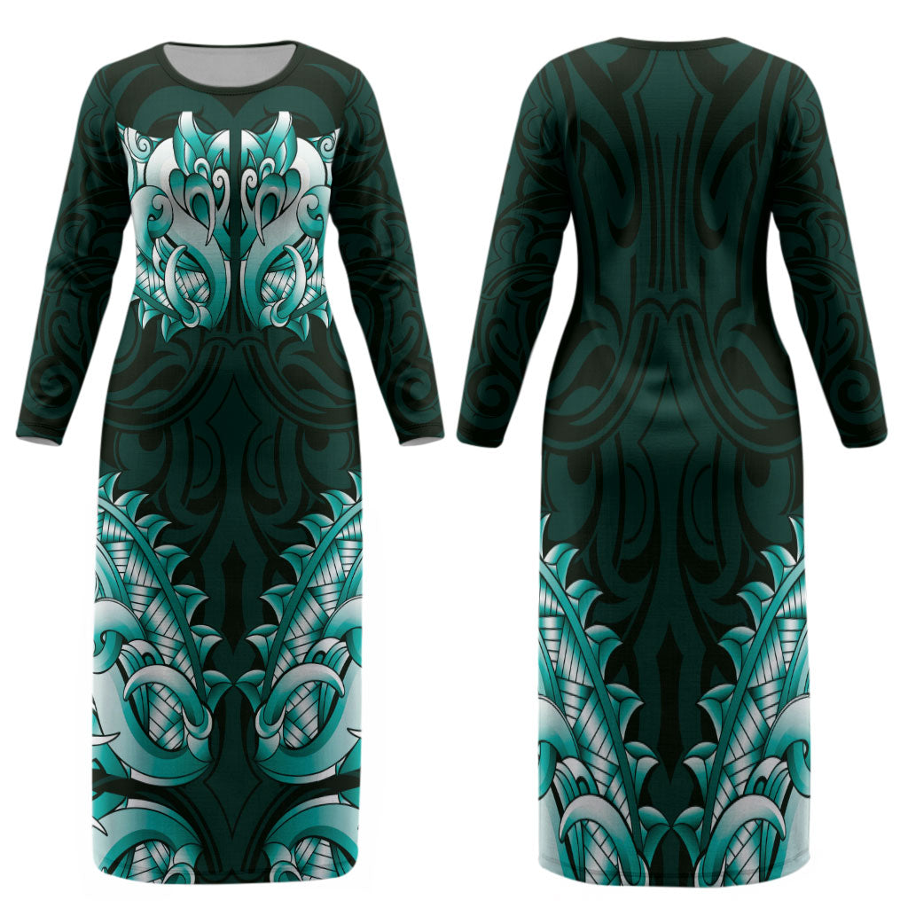 New Zealand Ta Moko Family Matching Long Sleeve Bodycon Dress and Hawaiian Shirt Aotearoa Maori Chest Tattoo Turquoise LT14 Mom's Dress Turquoise - Polynesian Pride