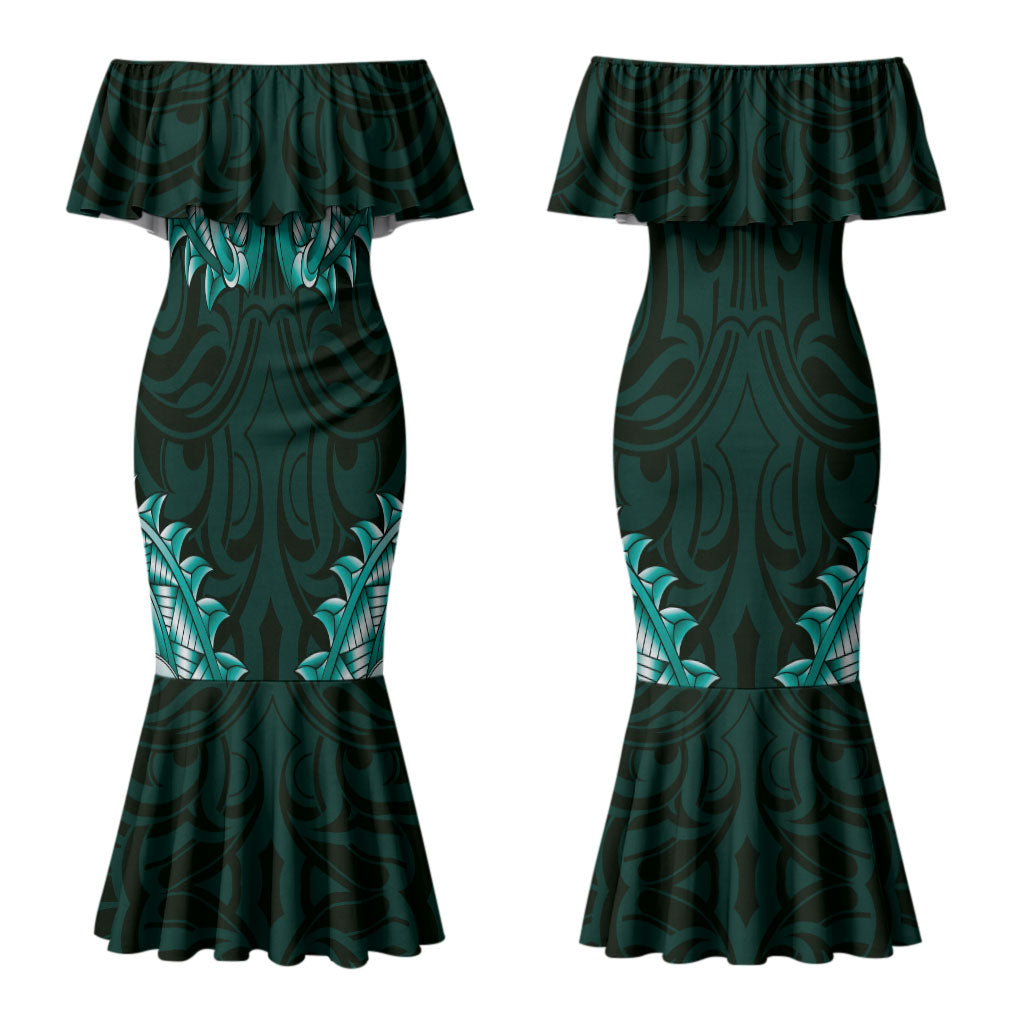 New Zealand Ta Moko Family Matching Mermaid Dress and Hawaiian Shirt Aotearoa Maori Chest Tattoo Turquoise LT14 Mom's Dress Turquoise - Polynesian Pride