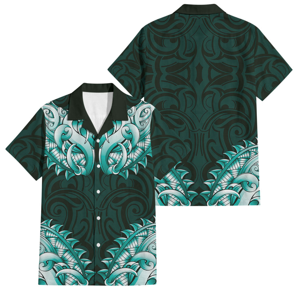 New Zealand Ta Moko Family Matching Mermaid Dress and Hawaiian Shirt Aotearoa Maori Chest Tattoo Turquoise LT14 Dad's Shirt - Short Sleeve Turquoise - Polynesian Pride