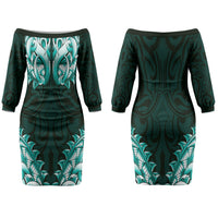 New Zealand Ta Moko Family Matching Off The Shoulder Long Sleeve Dress and Hawaiian Shirt Aotearoa Maori Chest Tattoo Turquoise LT14 Mom's Dress Turquoise - Polynesian Pride
