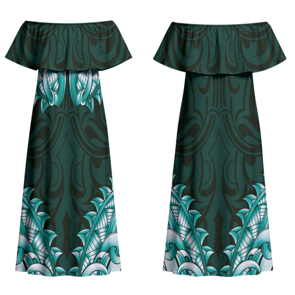 New Zealand Ta Moko Family Matching Off Shoulder Maxi Dress and Hawaiian Shirt Aotearoa Maori Chest Tattoo Turquoise LT14 Mom's Dress Turquoise - Polynesian Pride