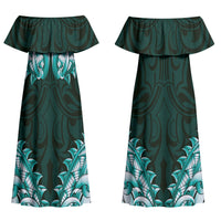 New Zealand Ta Moko Family Matching Off Shoulder Maxi Dress and Hawaiian Shirt Aotearoa Maori Chest Tattoo Turquoise LT14 Mom's Dress Turquoise - Polynesian Pride