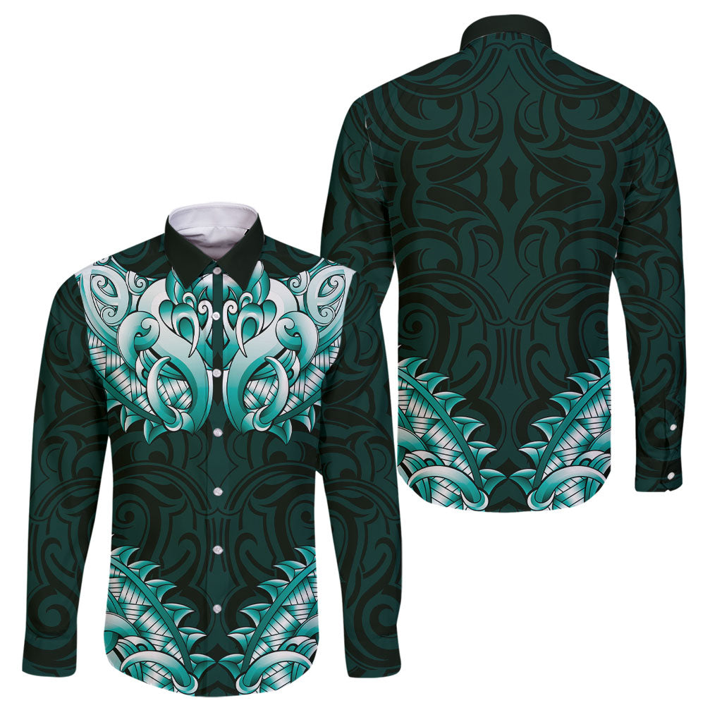 New Zealand Ta Moko Family Matching Off Shoulder Maxi Dress and Hawaiian Shirt Aotearoa Maori Chest Tattoo Turquoise LT14 Dad's Shirt - Long Sleeve Turquoise - Polynesian Pride