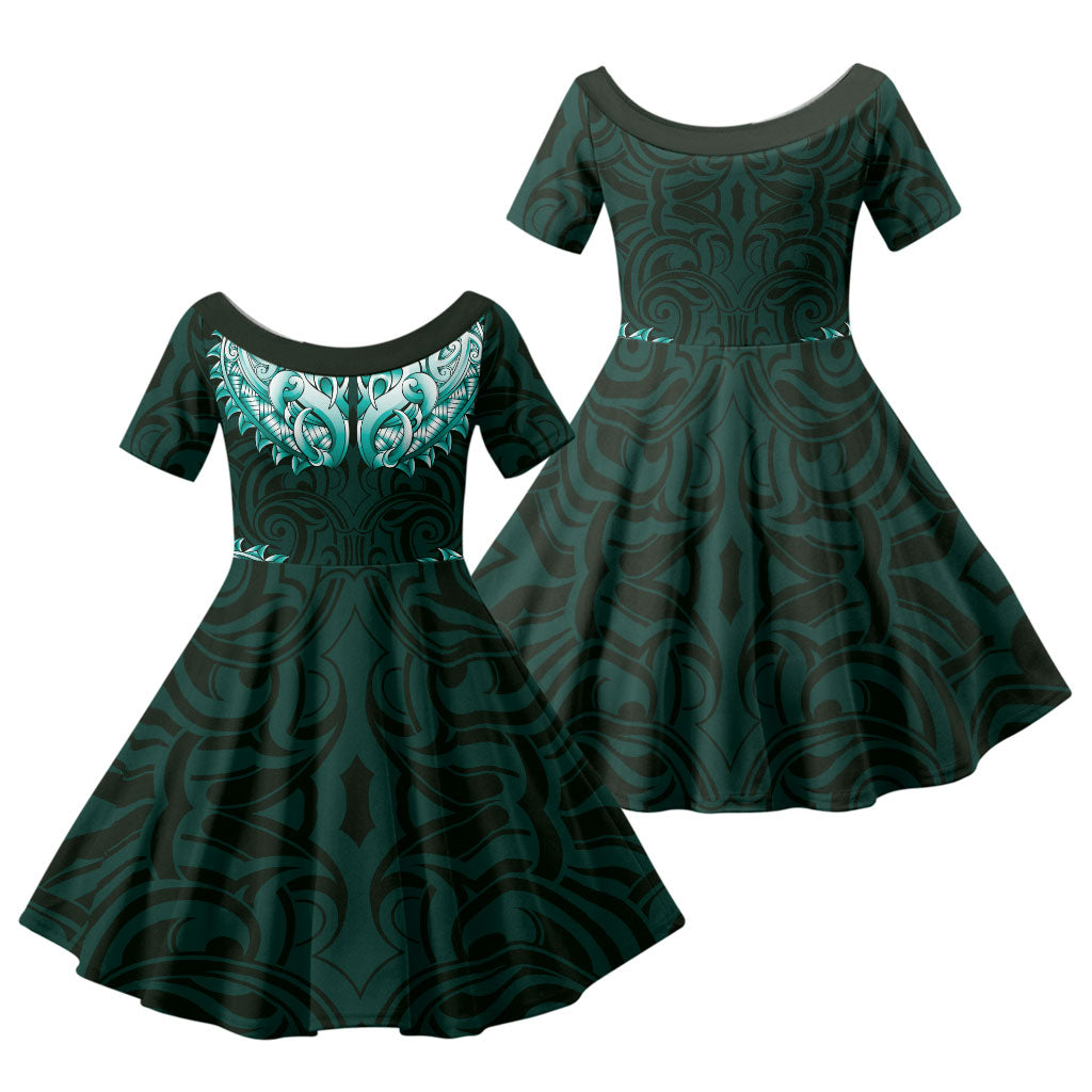 New Zealand Ta Moko Family Matching Off Shoulder Short Dress and Hawaiian Shirt Aotearoa Maori Chest Tattoo Turquoise LT14 Daughter's Dress Turquoise - Polynesian Pride
