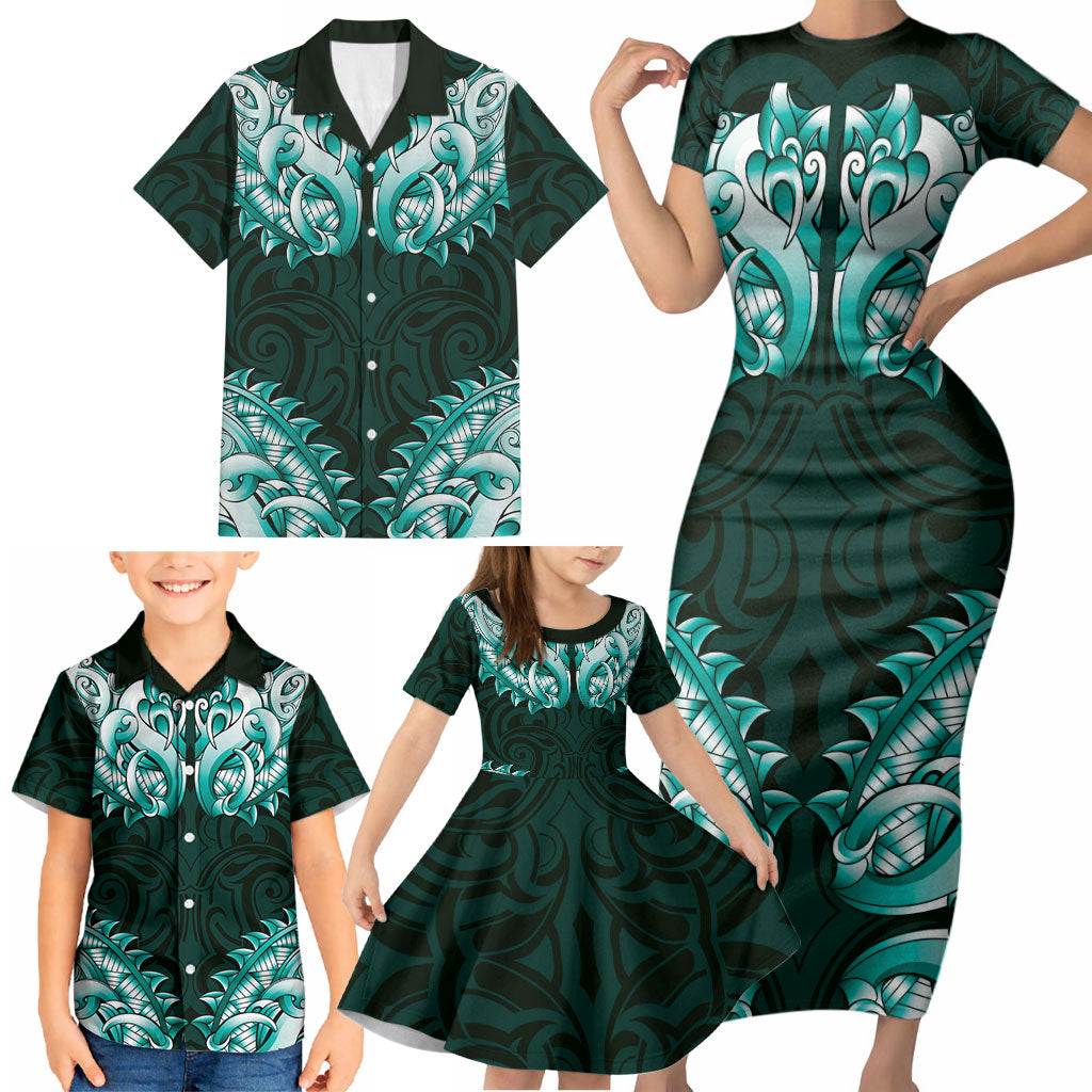 New Zealand Ta Moko Family Matching Short Sleeve Bodycon Dress and Hawaiian Shirt Aotearoa Maori Chest Tattoo Turquoise LT14 - Polynesian Pride