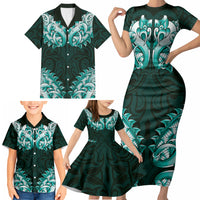 New Zealand Ta Moko Family Matching Short Sleeve Bodycon Dress and Hawaiian Shirt Aotearoa Maori Chest Tattoo Turquoise LT14 - Polynesian Pride