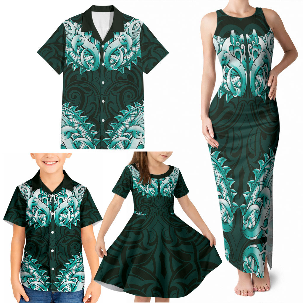 New Zealand Ta Moko Family Matching Tank Maxi Dress and Hawaiian Shirt Aotearoa Maori Chest Tattoo Turquoise LT14 - Polynesian Pride