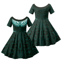 New Zealand Ta Moko Family Matching Tank Maxi Dress and Hawaiian Shirt Aotearoa Maori Chest Tattoo Turquoise LT14 Daughter's Dress Turquoise - Polynesian Pride