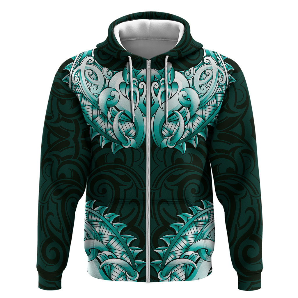 New Zealand Ta Moko Hoodie Aotearoa Maori Chest Tattoo Turquoise LT14 Zip Hoodie Turquoise - Polynesian Pride