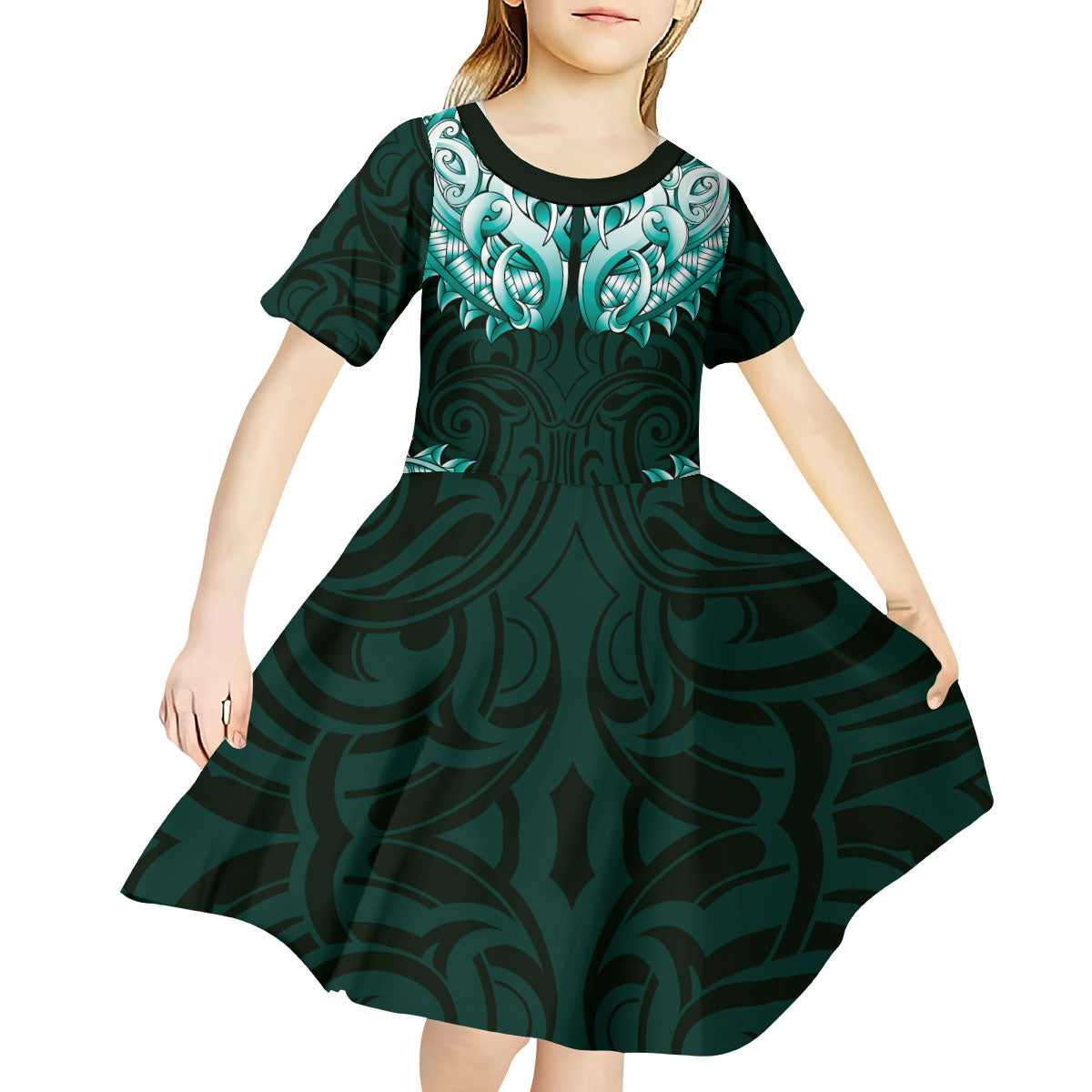 New Zealand Ta Moko Kid Short Sleeve Dress Aotearoa Maori Chest Tattoo Turquoise LT14 - Polynesian Pride