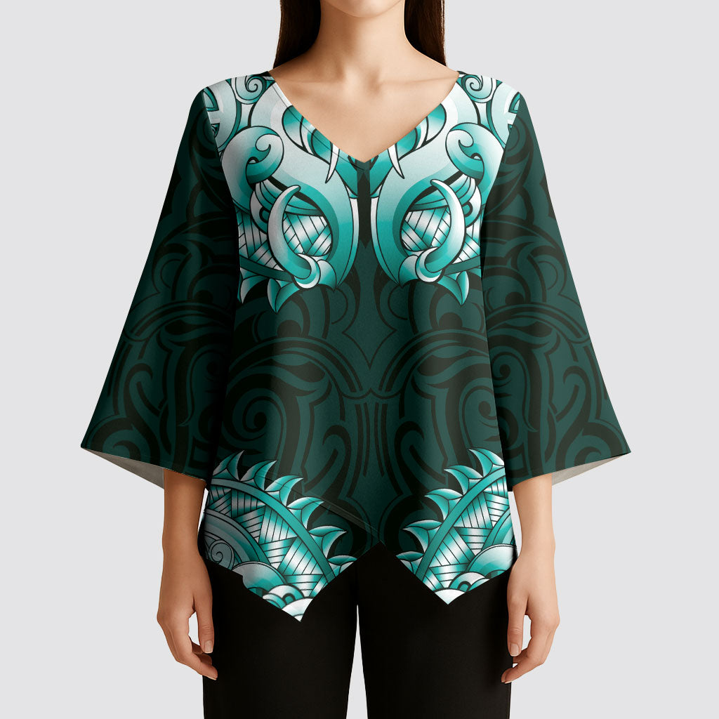 New Zealand Ta Moko Kimono Sleeve Blouse Aotearoa Maori Chest Tattoo Turquoise LT14 - Polynesian Pride