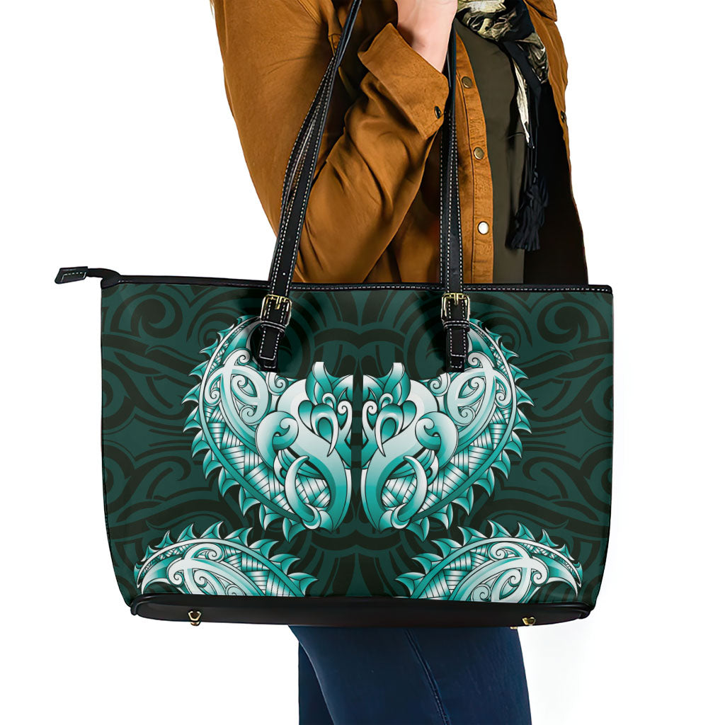 New Zealand Ta Moko Leather Tote Bag Aotearoa Maori Chest Tattoo Turquoise LT14 - Polynesian Pride