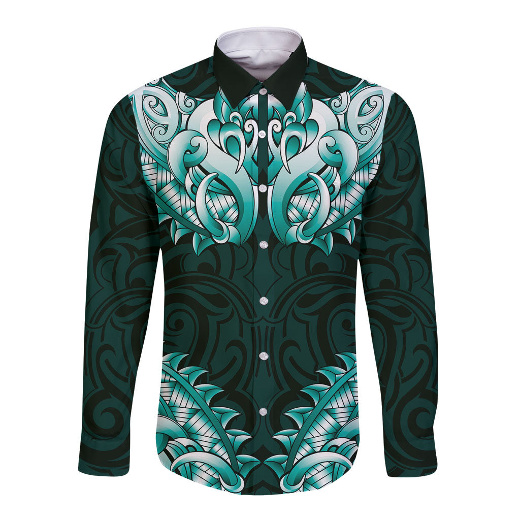 New Zealand Ta Moko Long Sleeve Button Shirt Aotearoa Maori Chest Tattoo Turquoise LT14 Unisex Turquoise - Polynesian Pride