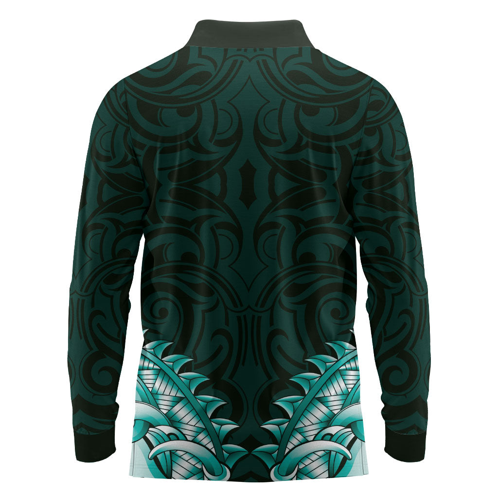 New Zealand Ta Moko Long Sleeve Polo Shirt Aotearoa Maori Chest Tattoo Turquoise LT14 - Polynesian Pride