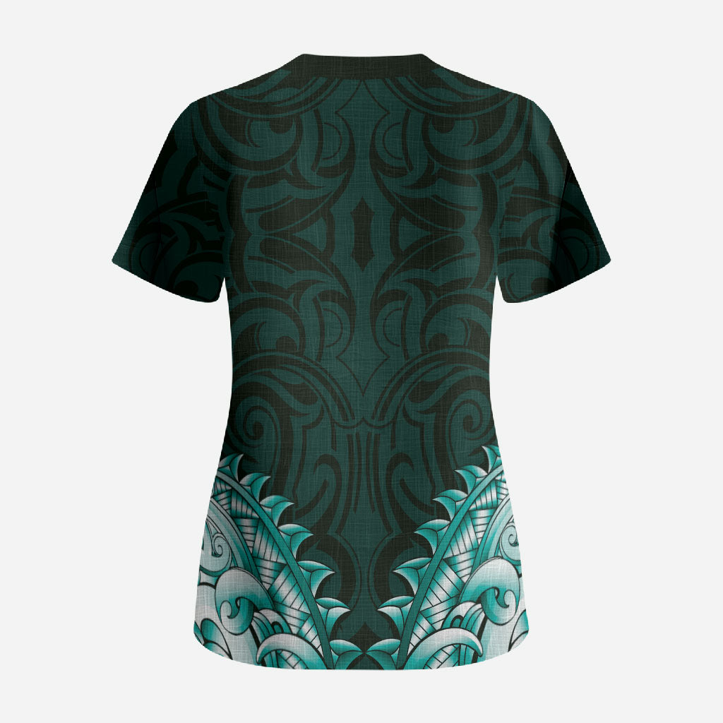 New Zealand Ta Moko Scrub Top Aotearoa Maori Chest Tattoo Turquoise LT14 - Polynesian Pride