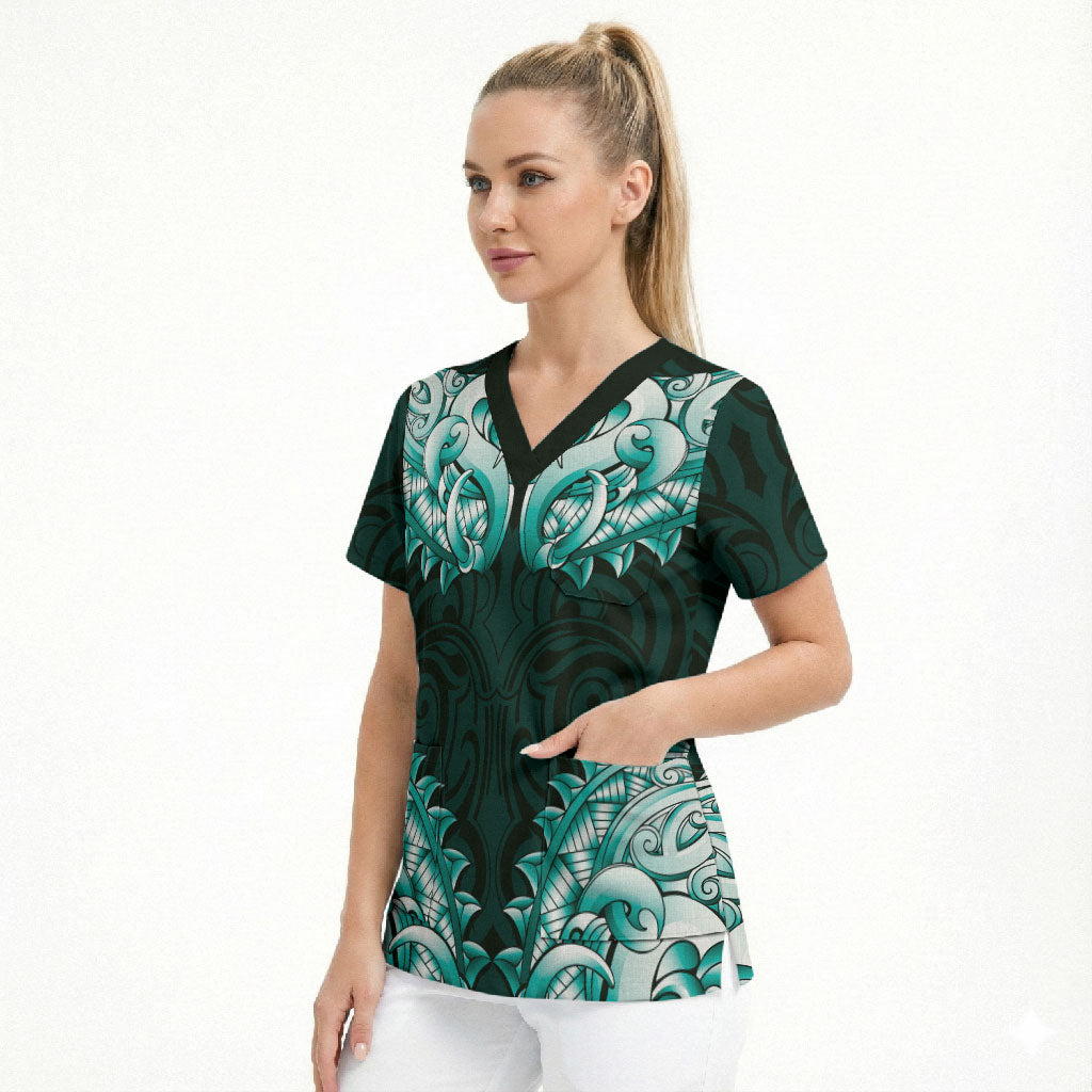 New Zealand Ta Moko Scrub Top Aotearoa Maori Chest Tattoo Turquoise LT14 - Polynesian Pride