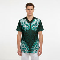 New Zealand Ta Moko Scrub Top Aotearoa Maori Chest Tattoo Turquoise LT14 - Polynesian Pride