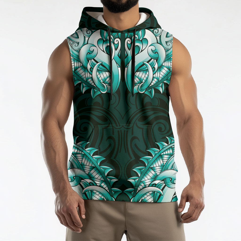 New Zealand Ta Moko Sleeveless Hoodie Aotearoa Maori Chest Tattoo Turquoise LT14 - Polynesian Pride