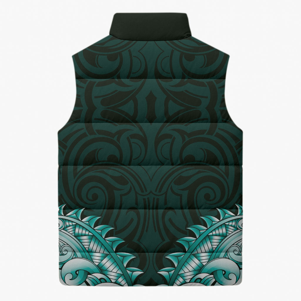 New Zealand Ta Moko Sleeveless Puffer Jacket Aotearoa Maori Chest Tattoo Turquoise LT14 - Polynesian Pride