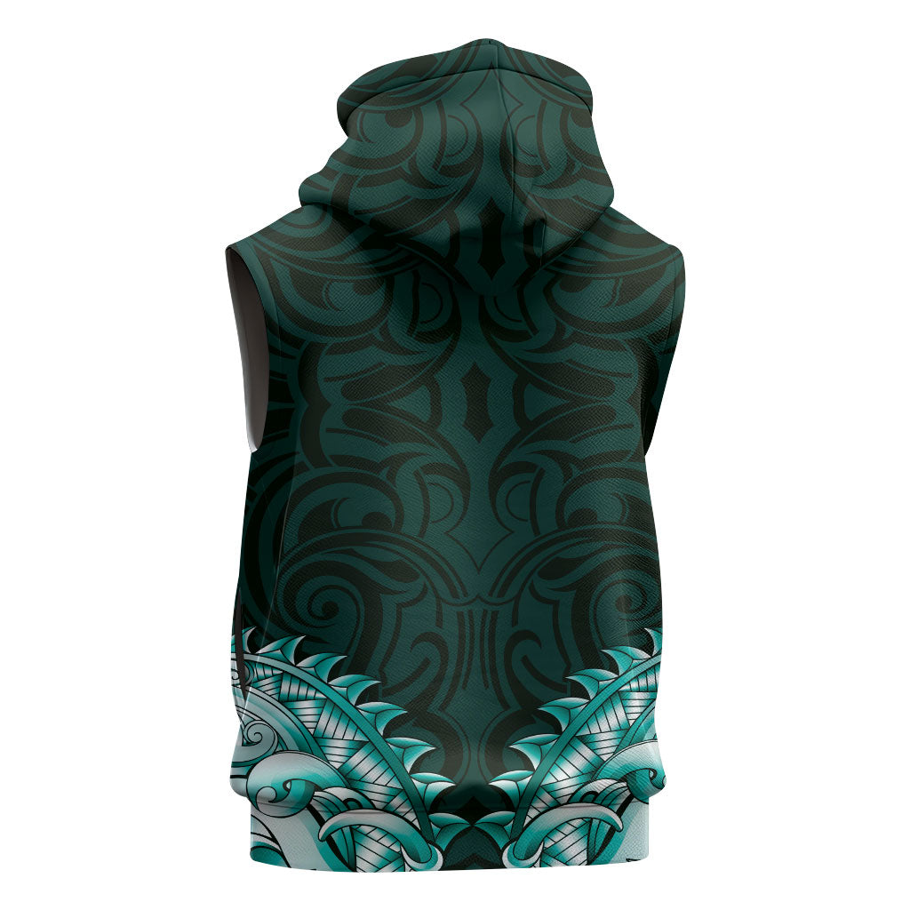 New Zealand Ta Moko Sleeveless Zip Hoodie Aotearoa Maori Chest Tattoo Turquoise LT14 - Polynesian Pride