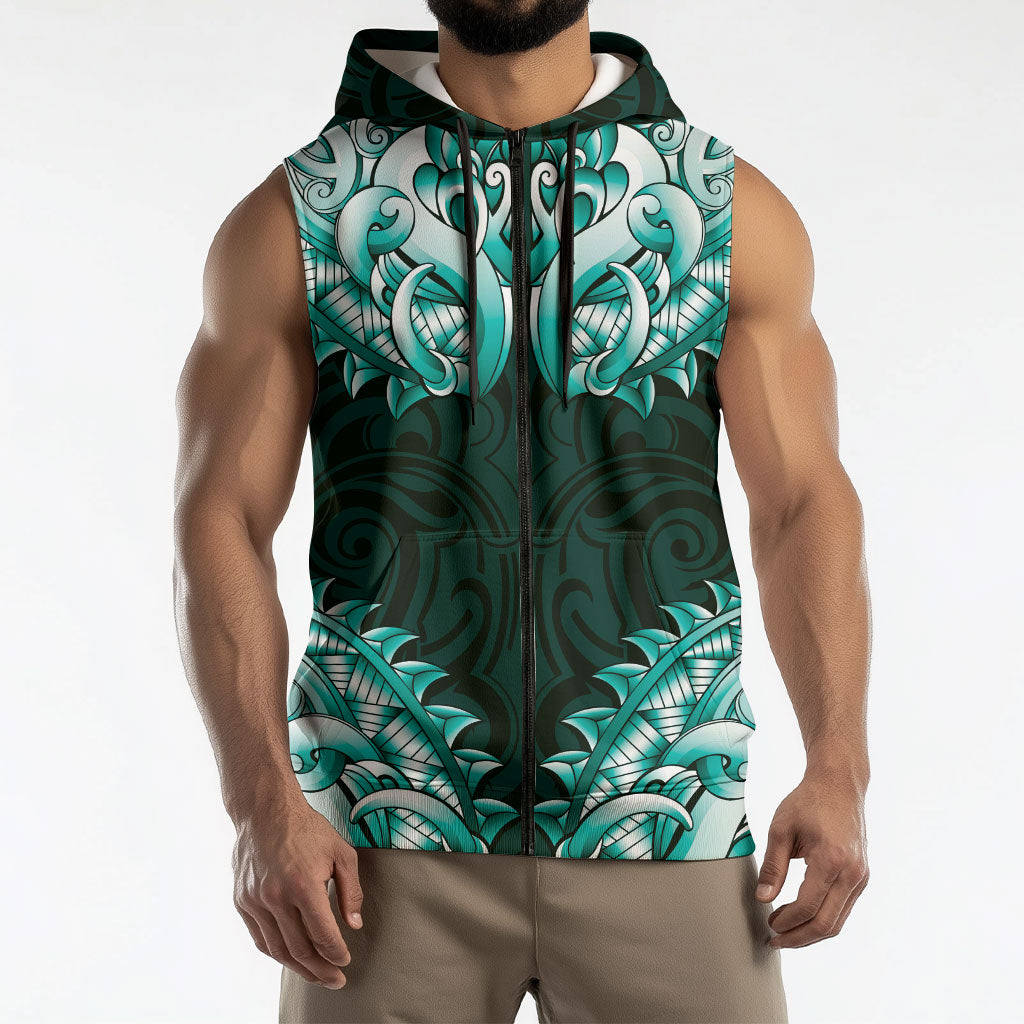 New Zealand Ta Moko Sleeveless Zip Hoodie Aotearoa Maori Chest Tattoo Turquoise LT14 - Polynesian Pride