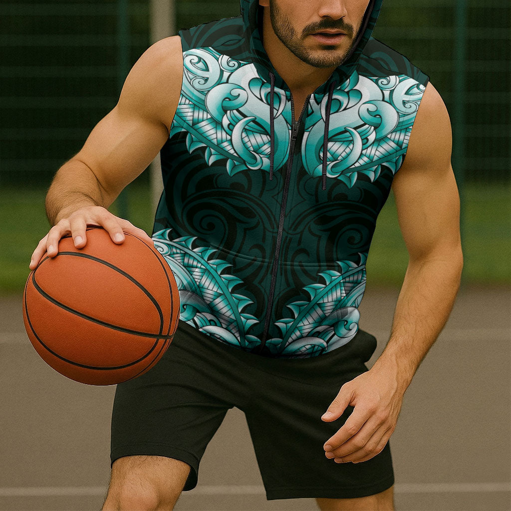 New Zealand Ta Moko Sleeveless Zip Hoodie Aotearoa Maori Chest Tattoo Turquoise LT14 - Polynesian Pride