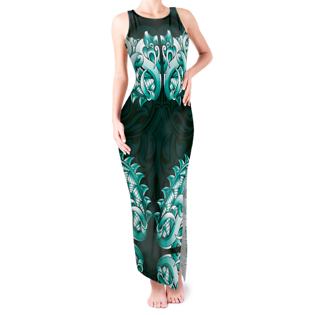 New Zealand Ta Moko Tank Maxi Dress Aotearoa Maori Chest Tattoo Turquoise LT14 Women Turquoise - Polynesian Pride