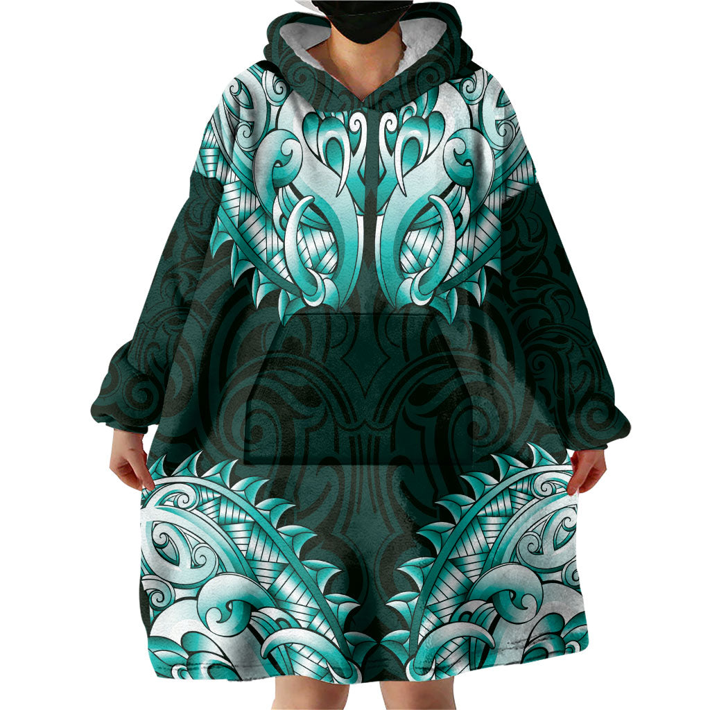 New Zealand Ta Moko Wearable Blanket Hoodie Aotearoa Maori Chest Tattoo Turquoise LT14 - Polynesian Pride