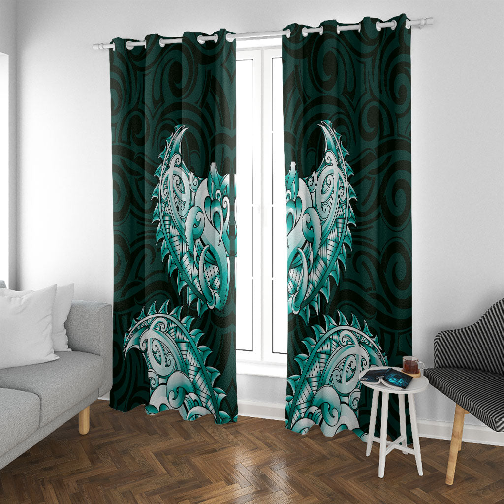 New Zealand Ta Moko Window Curtain Aotearoa Maori Chest Tattoo Turquoise LT14 With Grommets Turquoise - Polynesian Pride