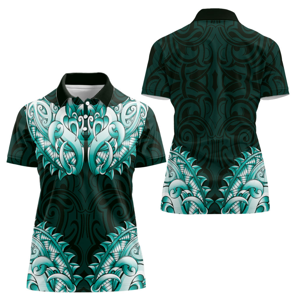 New Zealand Ta Moko Women Polo Shirt Aotearoa Maori Chest Tattoo Turquoise LT14 - Polynesian Pride