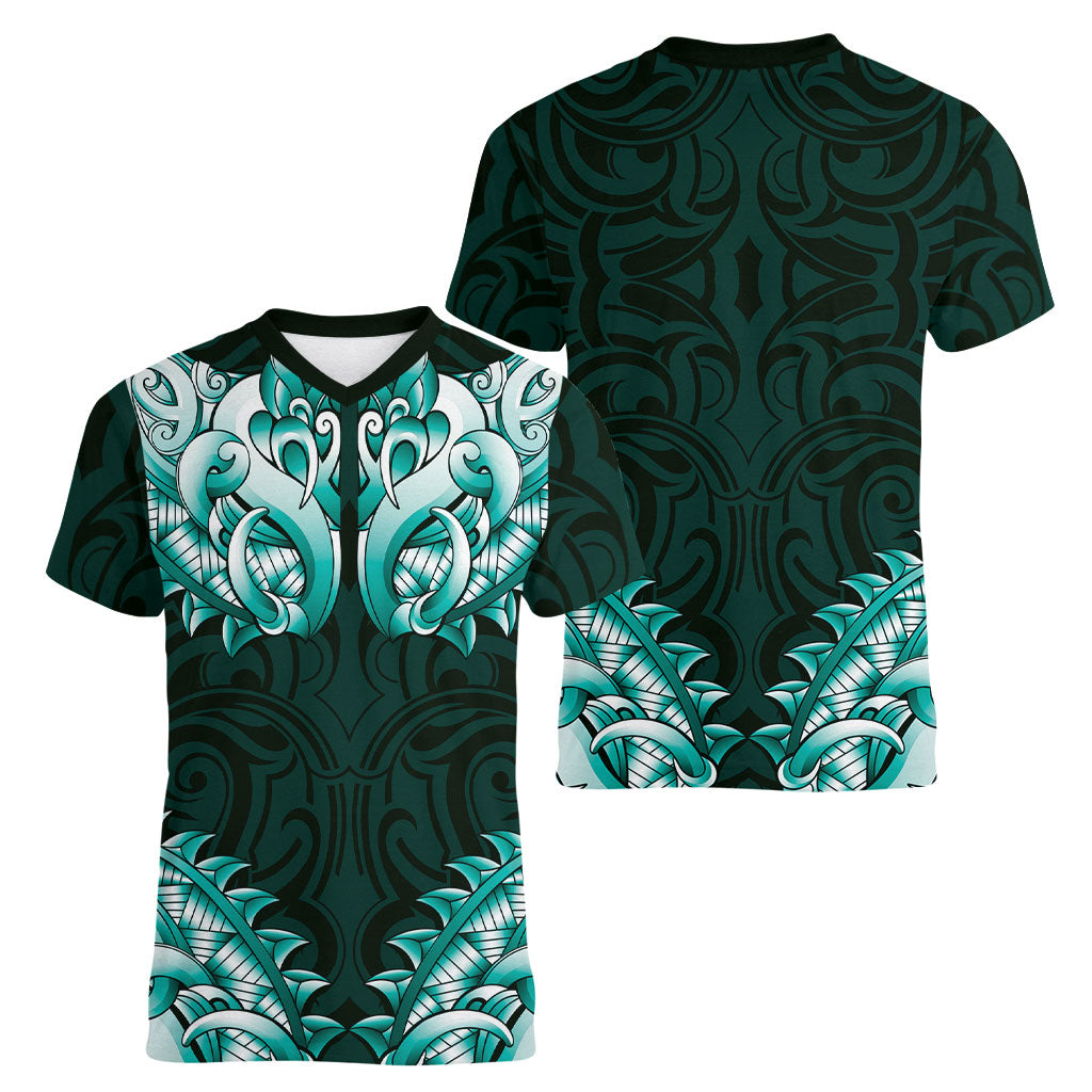 New Zealand Ta Moko Women V-Neck T-Shirt Aotearoa Maori Chest Tattoo Turquoise LT14 - Polynesian Pride