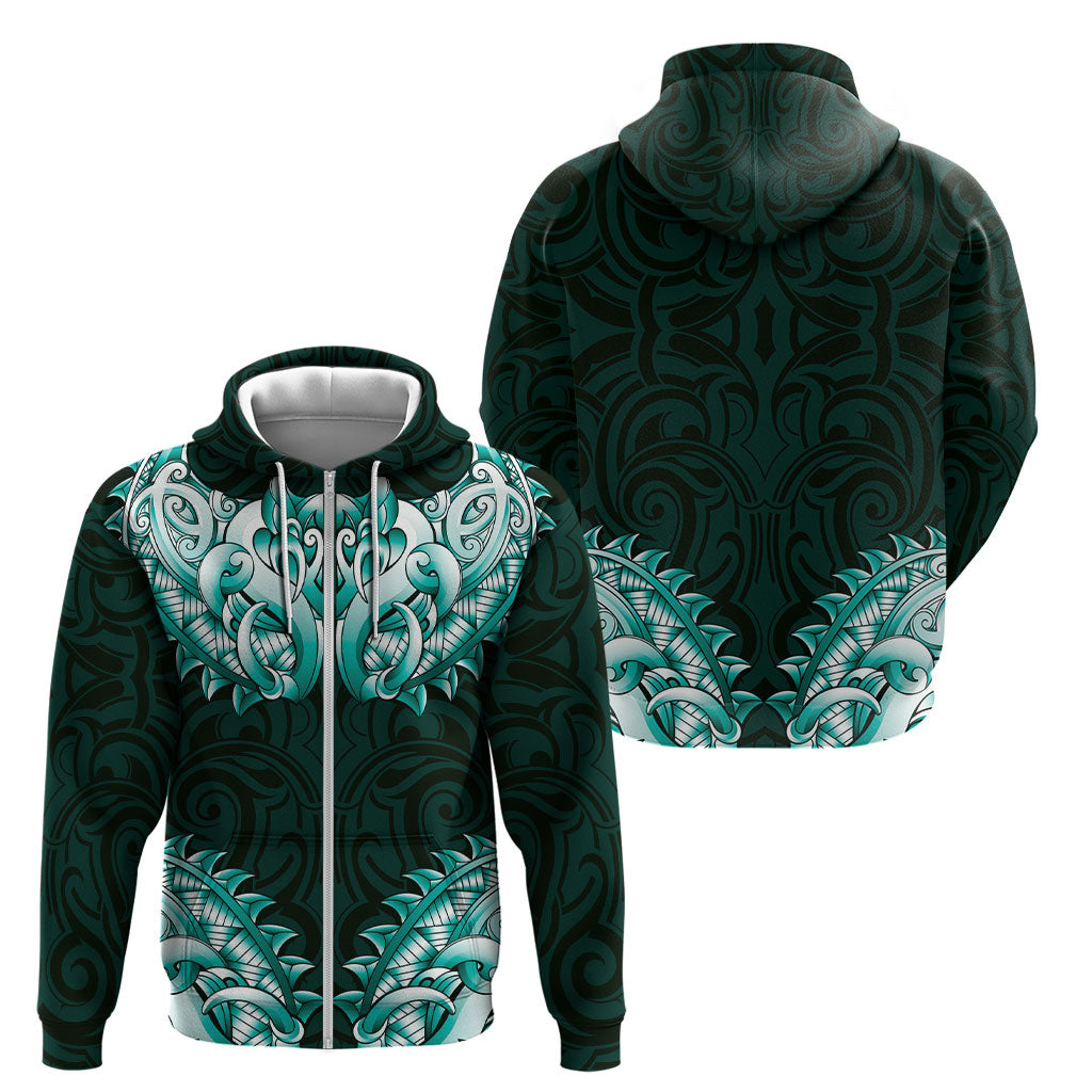 New Zealand Ta Moko Zip Hoodie Aotearoa Maori Chest Tattoo Turquoise LT14 - Polynesian Pride
