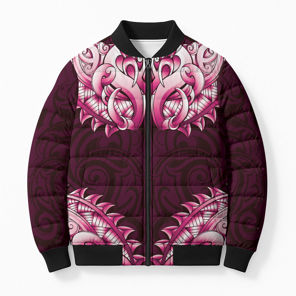 New Zealand Ta Moko Bomber Puffer Jacket Aotearoa Maori Chest Tattoo Pink LT14 Unisex Pink - Polynesian Pride