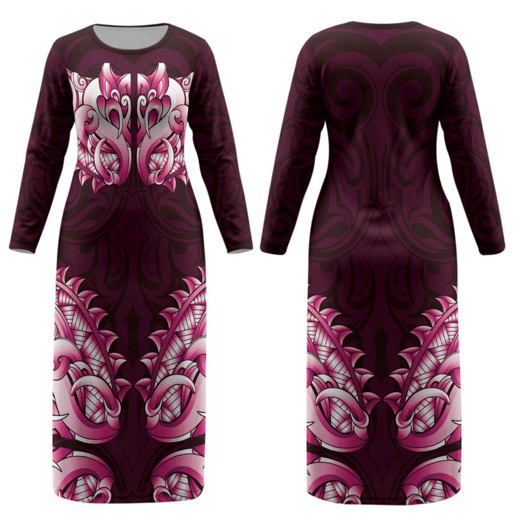 New Zealand Ta Moko Couples Matching Long Sleeve Bodycon Dress and Hawaiian Shirt Aotearoa Maori Chest Tattoo Pink LT14 - Polynesian Pride