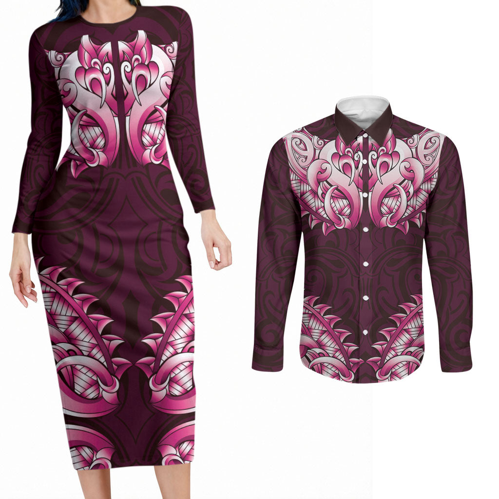 New Zealand Ta Moko Couples Matching Long Sleeve Bodycon Dress and Long Sleeve Button Shirt Aotearoa Maori Chest Tattoo Pink LT14 Pink - Polynesian Pride