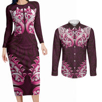 New Zealand Ta Moko Couples Matching Long Sleeve Bodycon Dress and Long Sleeve Button Shirt Aotearoa Maori Chest Tattoo Pink LT14 Pink - Polynesian Pride