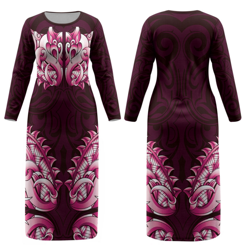 New Zealand Ta Moko Couples Matching Long Sleeve Bodycon Dress and Long Sleeve Button Shirt Aotearoa Maori Chest Tattoo Pink LT14 - Polynesian Pride