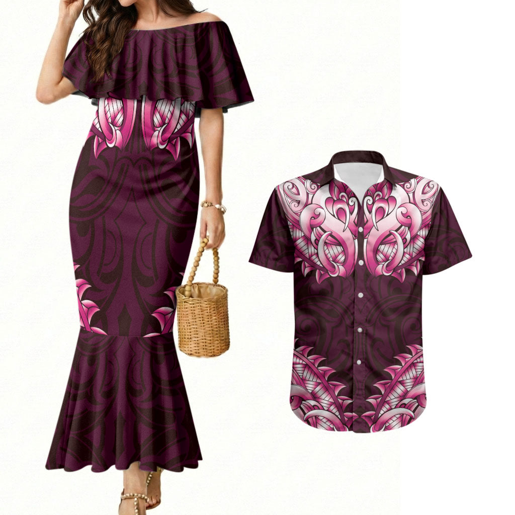 New Zealand Ta Moko Couples Matching Mermaid Dress and Hawaiian Shirt Aotearoa Maori Chest Tattoo Pink LT14 Pink - Polynesian Pride