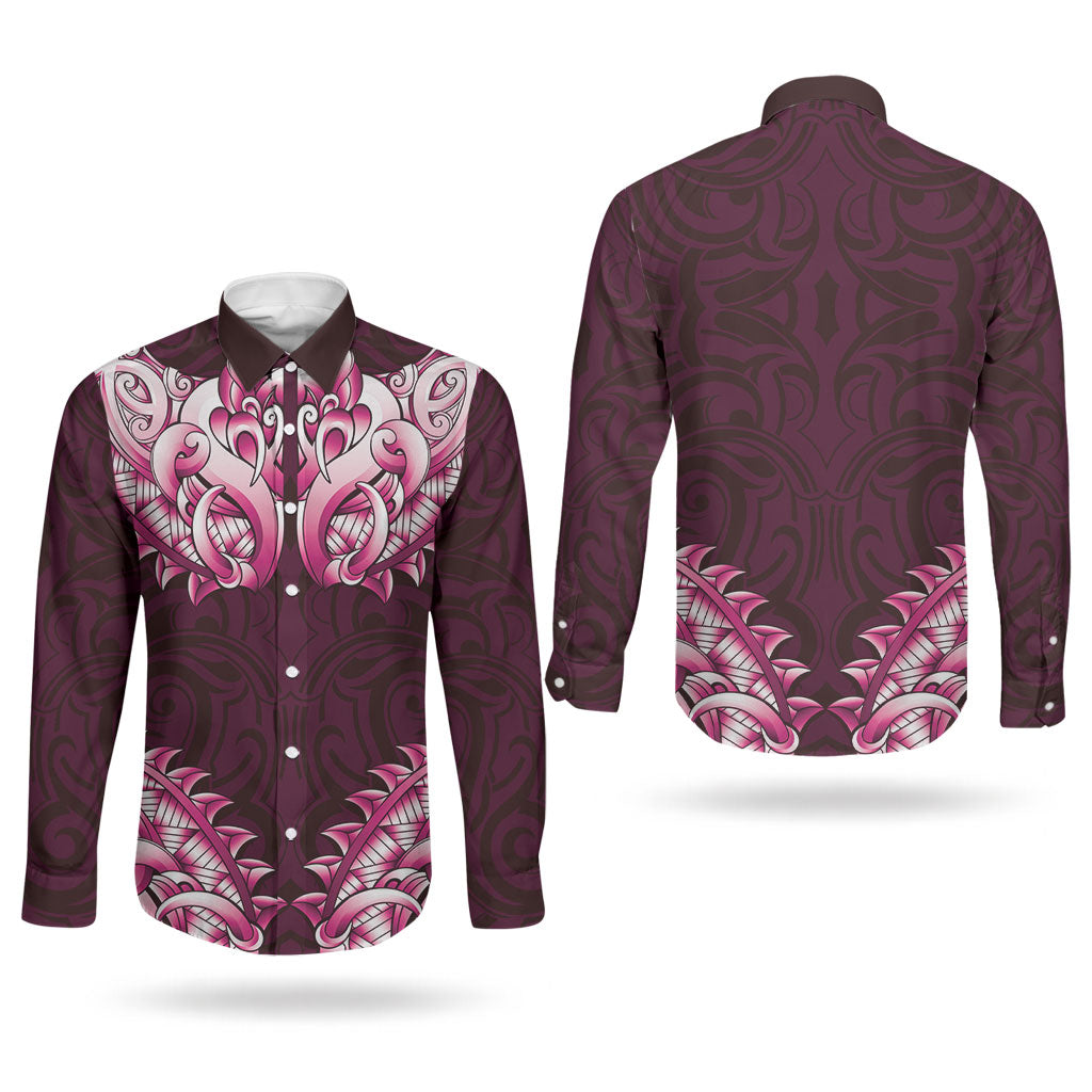 New Zealand Ta Moko Couples Matching Mermaid Dress and Long Sleeve Button Shirt Aotearoa Maori Chest Tattoo Pink LT14 - Polynesian Pride