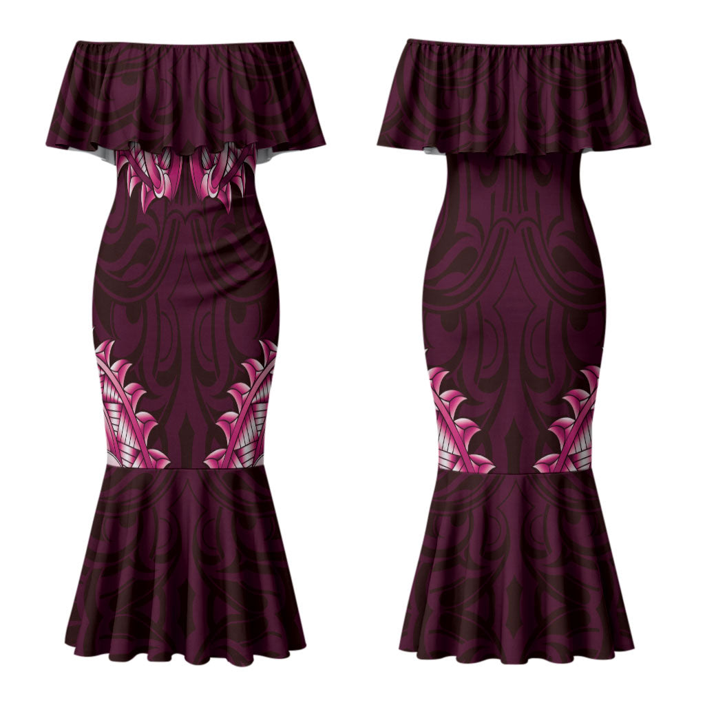New Zealand Ta Moko Couples Matching Mermaid Dress and Long Sleeve Button Shirt Aotearoa Maori Chest Tattoo Pink LT14 - Polynesian Pride