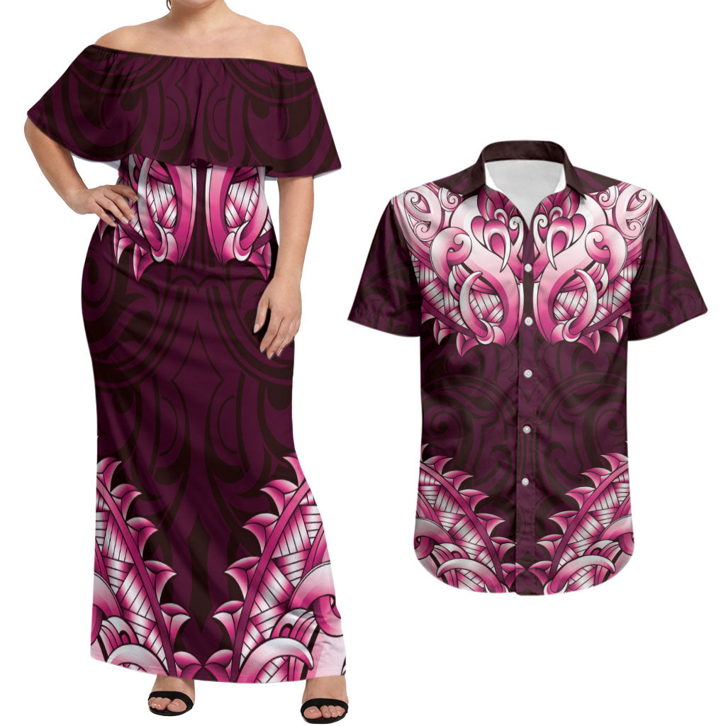 New Zealand Ta Moko Couples Matching Off Shoulder Maxi Dress and Hawaiian Shirt Aotearoa Maori Chest Tattoo Pink LT14 Pink - Polynesian Pride