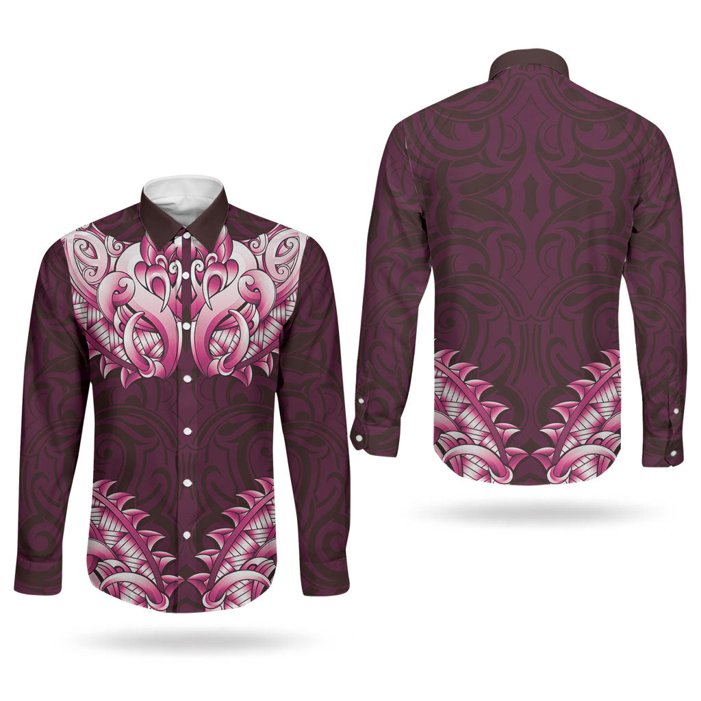 New Zealand Ta Moko Couples Matching Off Shoulder Maxi Dress and Long Sleeve Button Shirt Aotearoa Maori Chest Tattoo Pink LT14 - Polynesian Pride