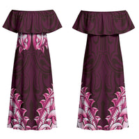New Zealand Ta Moko Couples Matching Off Shoulder Maxi Dress and Long Sleeve Button Shirt Aotearoa Maori Chest Tattoo Pink LT14 - Polynesian Pride