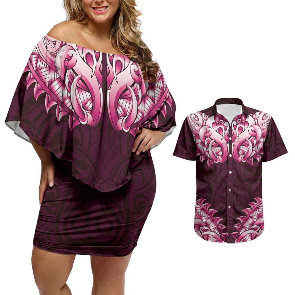 New Zealand Ta Moko Couples Matching Off Shoulder Short Dress and Hawaiian Shirt Aotearoa Maori Chest Tattoo Pink LT14 Pink - Polynesian Pride
