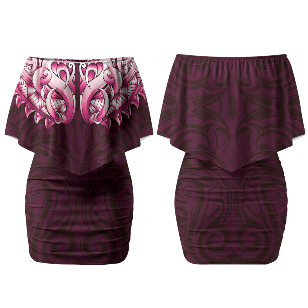New Zealand Ta Moko Couples Matching Off Shoulder Short Dress and Long Sleeve Button Shirt Aotearoa Maori Chest Tattoo Pink LT14 - Polynesian Pride