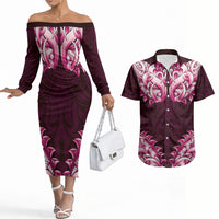 New Zealand Ta Moko Couples Matching Off The Shoulder Long Sleeve Dress and Hawaiian Shirt Aotearoa Maori Chest Tattoo Pink LT14 Pink - Polynesian Pride