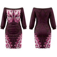 New Zealand Ta Moko Couples Matching Off The Shoulder Long Sleeve Dress and Hawaiian Shirt Aotearoa Maori Chest Tattoo Pink LT14 - Polynesian Pride