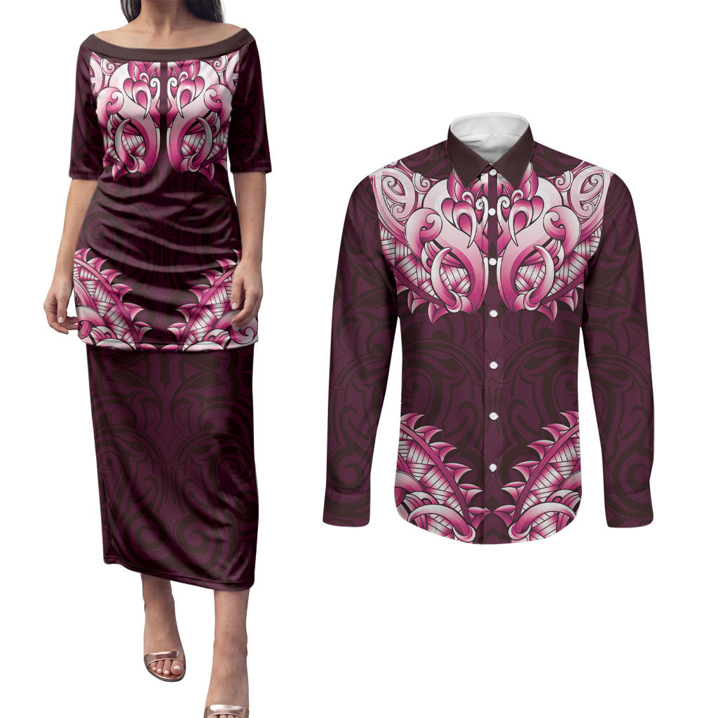 New Zealand Ta Moko Couples Matching Puletasi and Long Sleeve Button Shirt Aotearoa Maori Chest Tattoo Pink LT14 Pink - Polynesian Pride