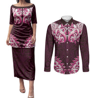 New Zealand Ta Moko Couples Matching Puletasi and Long Sleeve Button Shirt Aotearoa Maori Chest Tattoo Pink LT14 Pink - Polynesian Pride